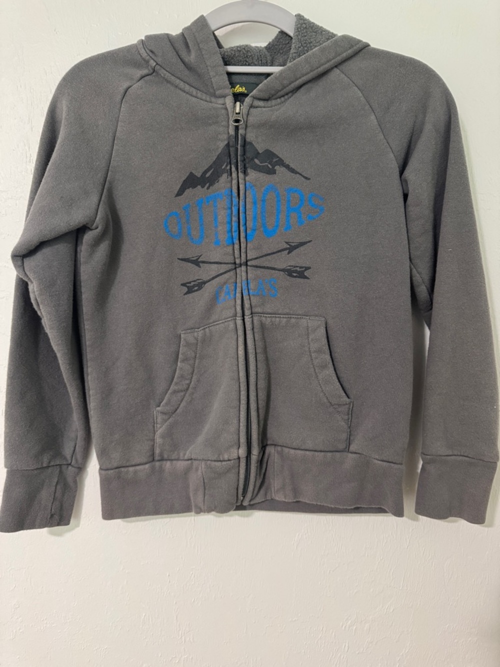 Cabela's Gray Hooded Puffer Jacket with Blue 'Outdoors' Graphic